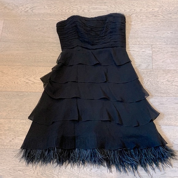 bcbg black feather dress AURORA ASYMMETRIC DRAPED BLACK FEATHER DRESS | CULT MIA main image 1